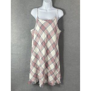 Natural Mini‎ Dress Womens Sz L Plaid Red White Blue Cotton Fringe Trim Summer